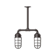 Two-light stem pendant light with bronze arms and two lantern-style glass shades