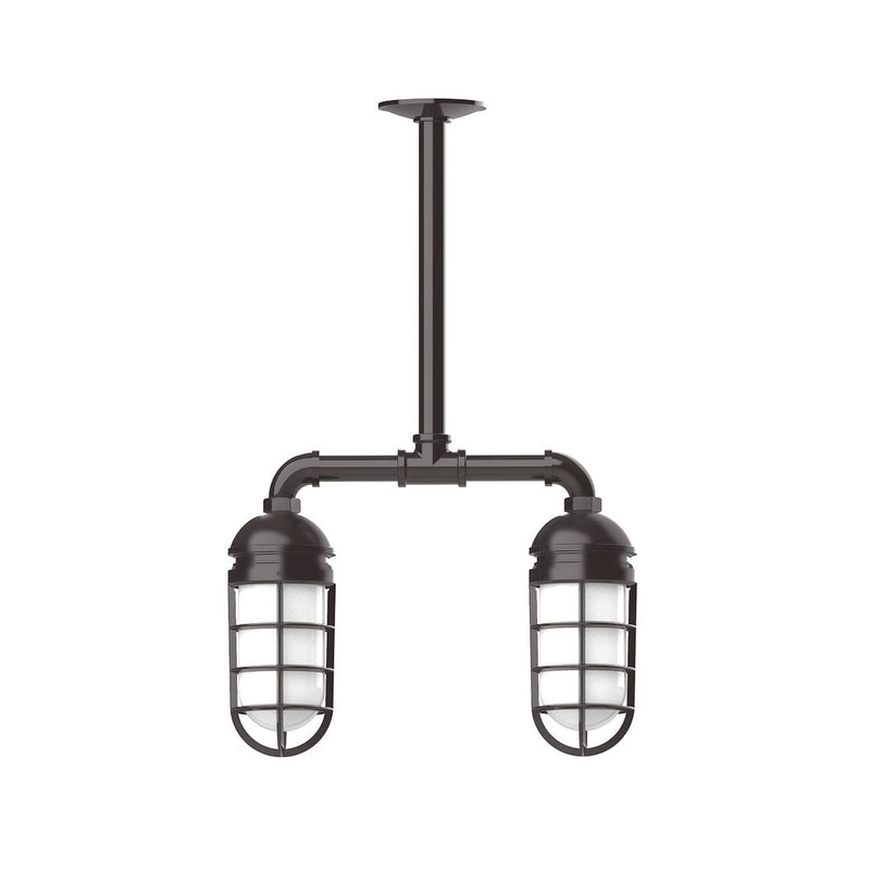 Two-light stem-hung pendant light with bronze canopy and two lantern glass shades