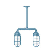 Light blue two-light stem-hung pendant with two lantern glass shades