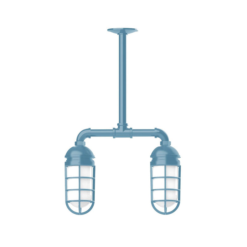 Light blue two-light stem-hung pendant light with dual glass cage shades