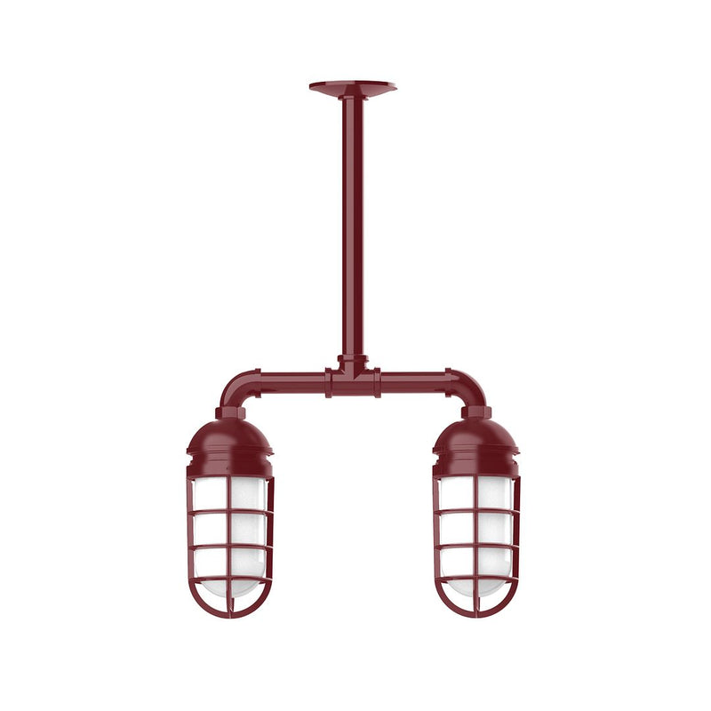 Two-light pendant light with red metal frame and frosted glass lantern shades