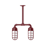 Barn red 2-light stem hung pendant with two lantern glass shades