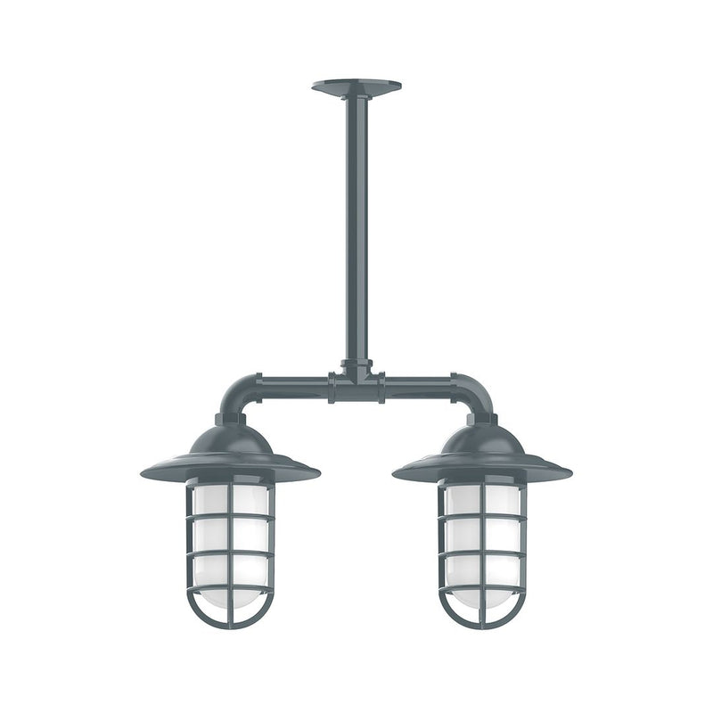 Slate gray 2-light stem pendant with two lantern shades and frosted glass