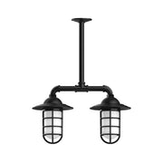 Black 2-light stem pendant fixture with frosted glass lantern shades