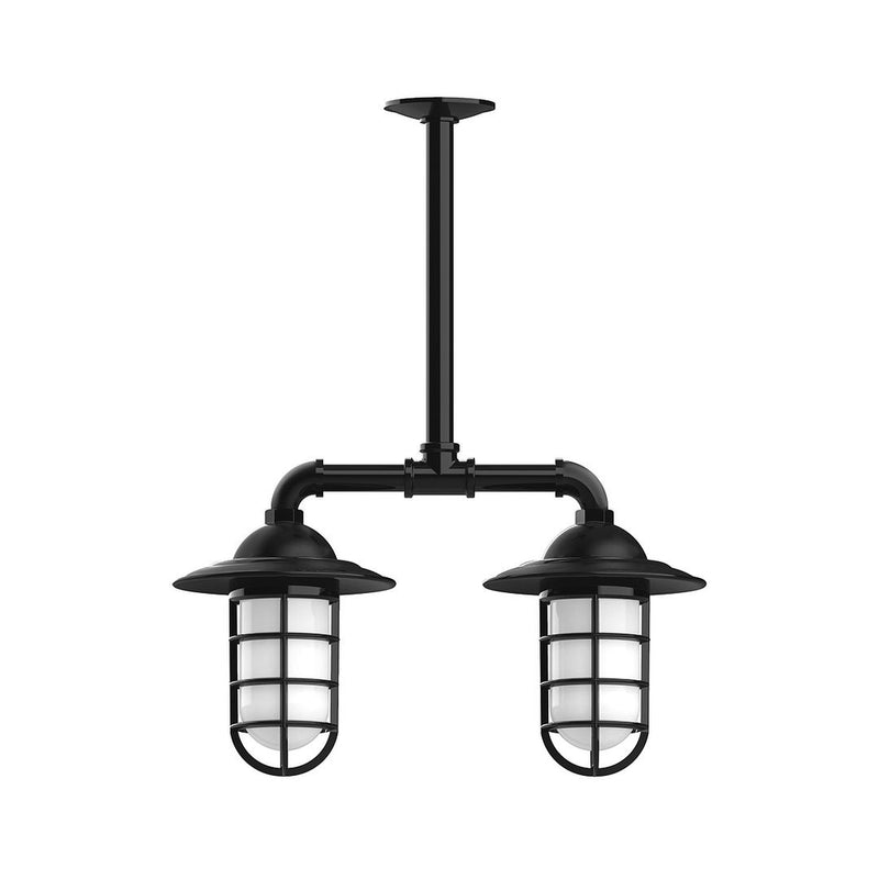Black 2-light stem pendant fixture with frosted glass lantern shades