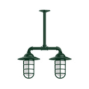Two-light stem hung pendant light with two forest green lantern shades and clear glass