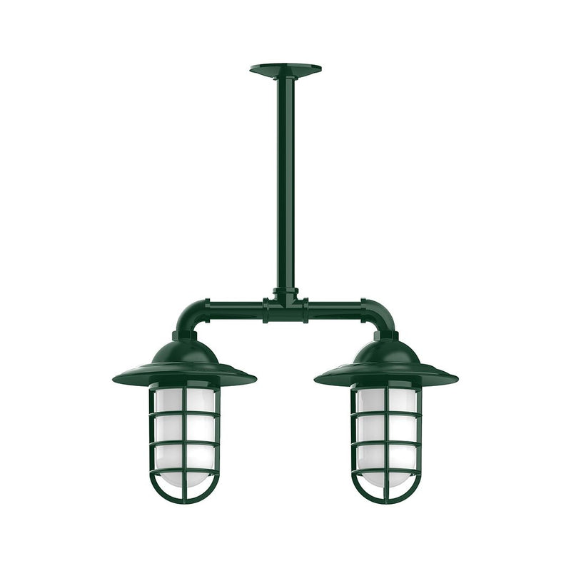 Two-light stem hung pendant light with two forest green lantern shades and clear glass