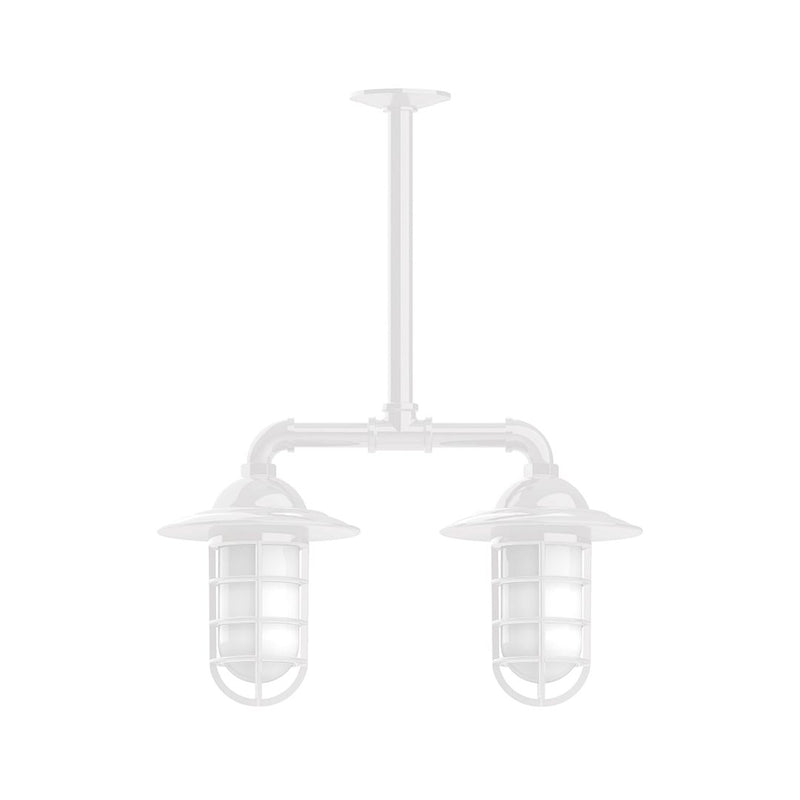 White two-light stem-hung pendant with two lantern shades and glass panels