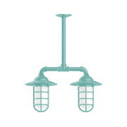 Sea green 2-light stem-hung pendant light with two glass lantern shades