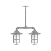 Two-light stem-hung lantern pendant light with frosted glass panels and metal caps