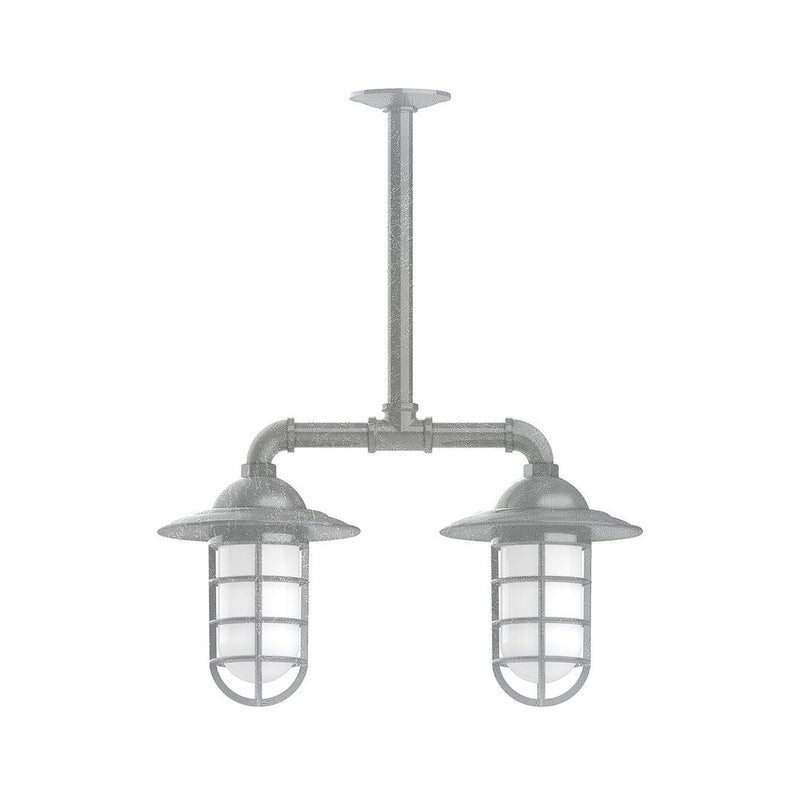 Two-light stem-hung lantern pendant light with frosted glass panels and metal caps
