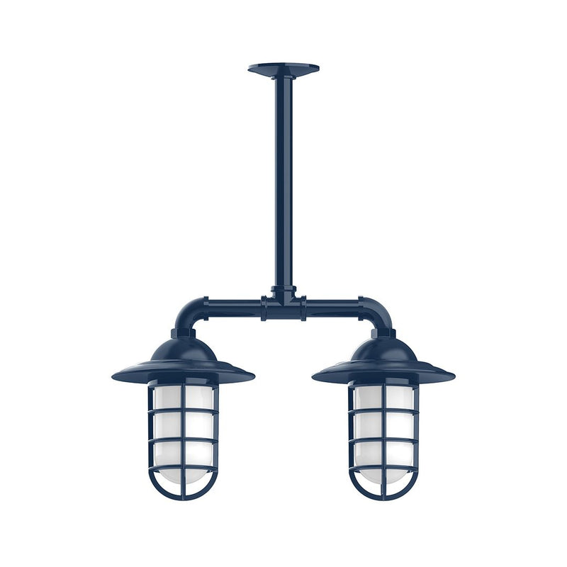 Navy two-light stem-hung pendant light with two lantern shades and frosted glass panels