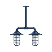 Navy 2-light stem-hung pendant light with two lantern-style glass shades