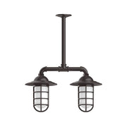 Two-light stem pendant light with bronze frame and frosted glass lantern shades