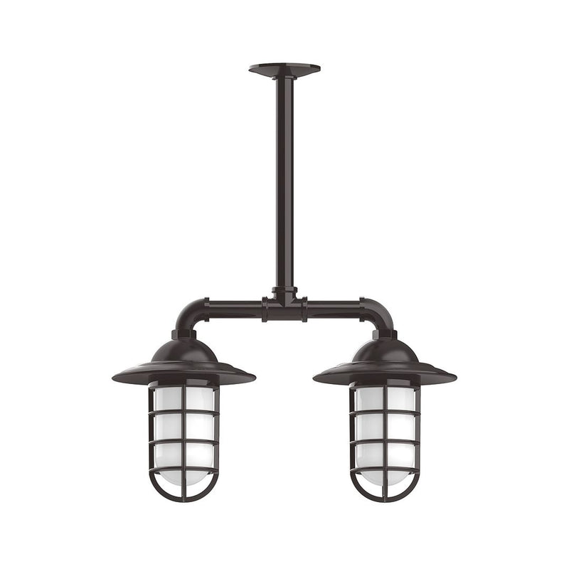 Two-light stem-hung pendant light with dark bronze lantern shades and frosted glass.