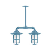 Light blue 2-light stem-hung pendant with two glass lantern shades