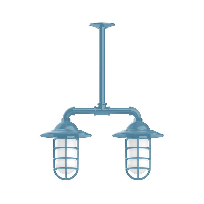 Light blue 2-light stem-hung pendant with two glass lantern shades