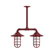 Two-light stem-hung pendant light with barn-red frame and lantern glass shades