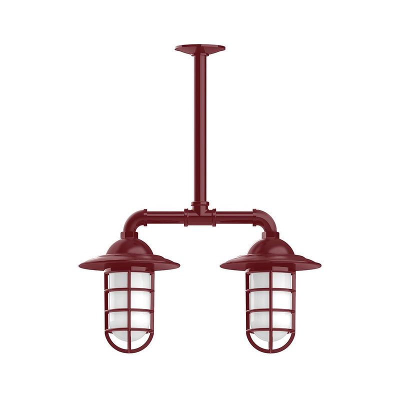 Two-light stem-hung pendant light with barn-red frame and lantern glass shades