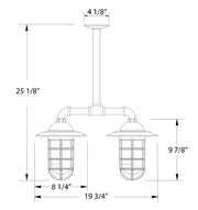 Stem pendant light diagram with two lantern shades and overall size 19 3/4 in