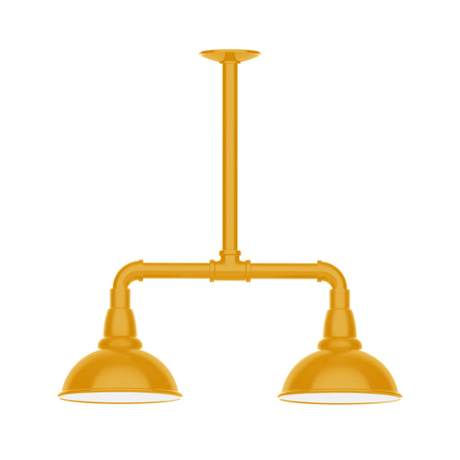 Bright yellow two-light stem pendant with two dome shades