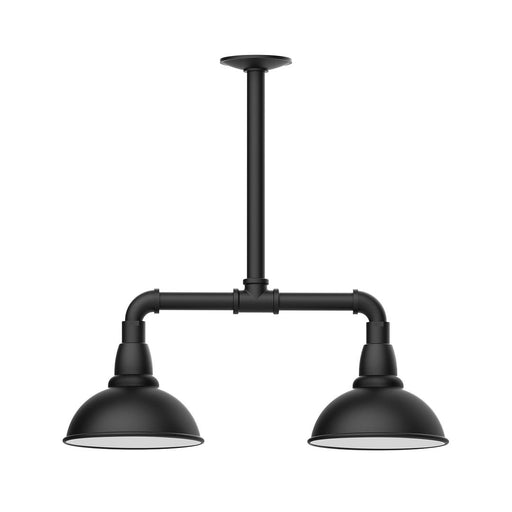 Two-light stem-hung pendant light with two black dome shades and metal bar.