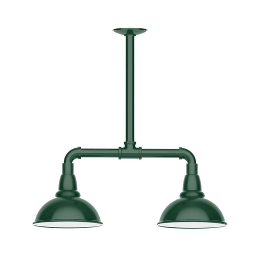 Forest green two-light stem pendant with two dome shades and bar hardware