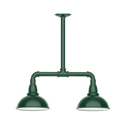 Forest green 2-light stem-hung pendant light with two bell shades and horizontal bar