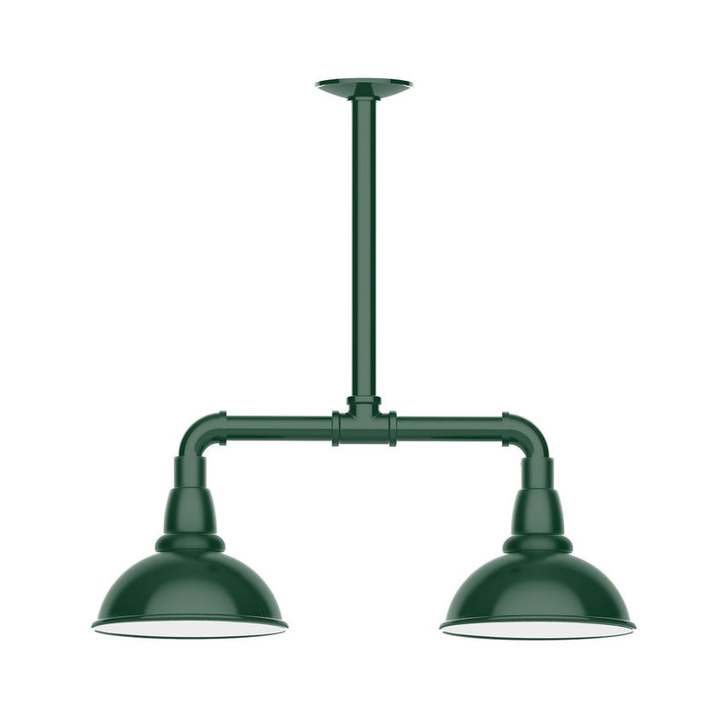 Forest green 2-light stem-hung pendant with two dome metal shades and frame arms