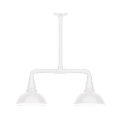 White two-light stem-hung pendant light with two metal bell shades
