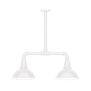 White two-light stem pendant with two dome shades and exposed stem, front view
