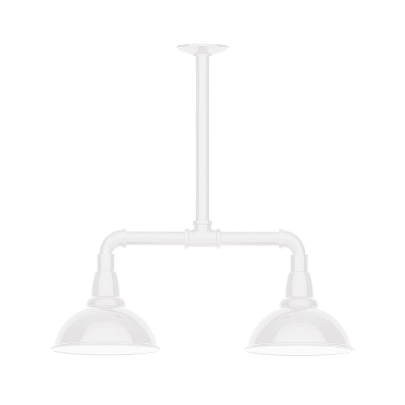 White two-light stem pendant with two dome shades and exposed stem, front view