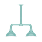 Sea green 2-light pendant light with two bell shades and central stem.