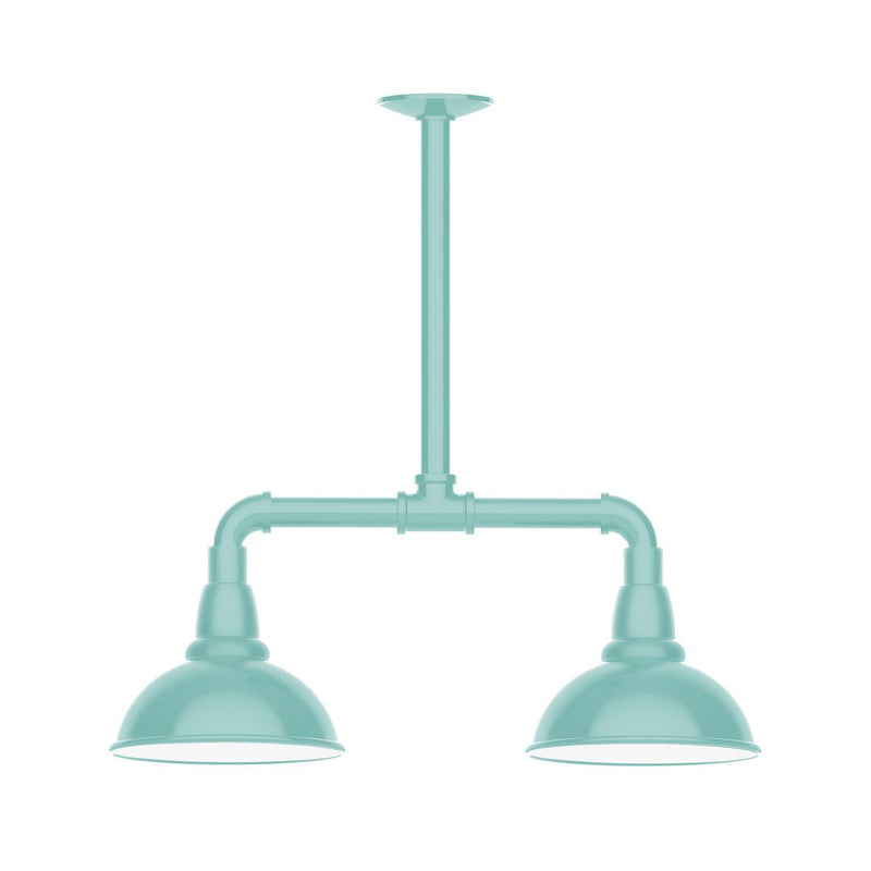 Two-light stem pendant light with sea green domed shades and curved arms