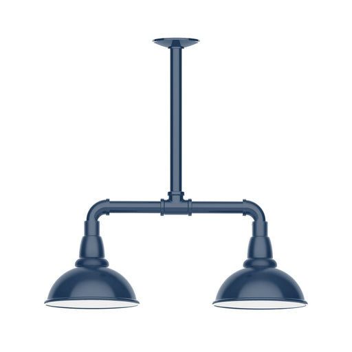 Navy 2-light LED stem-hung pendant light with two dome shades on horizontal bar