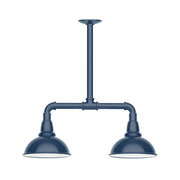 Navy 2-light LED stem-hung pendant with curved bar and two dome shades