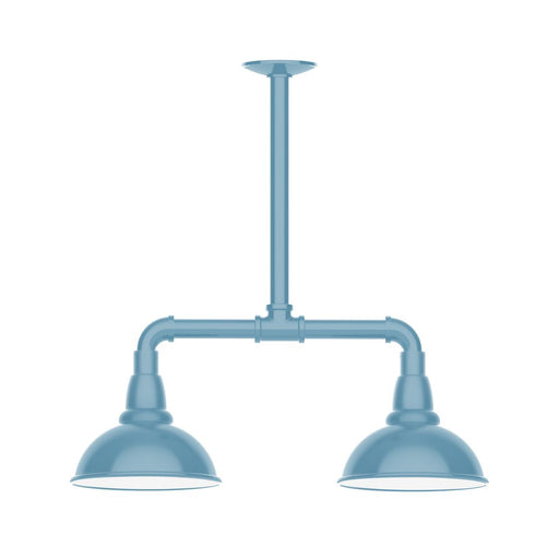 Light blue two-light stem pendant light with twin bell shades