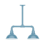 Light blue 2-light stem-hung pendant with two dome shades and vertical rod