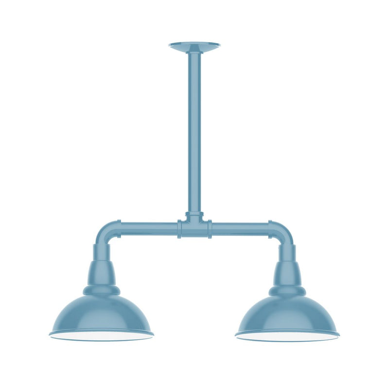 Light blue 2-light stem-hung pendant with two domed shades