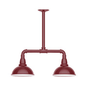 Barn red two-light stem pendant with curved bar and domed lamp shades