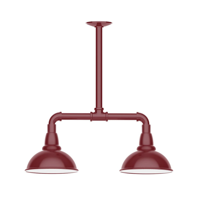 Barn red two-light stem pendant with curved bar and domed lamp shades