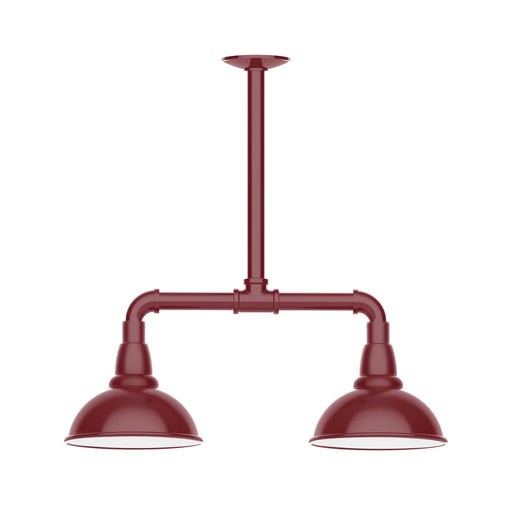 Barn red two-light stem pendant with curved bar and domed lamp shades