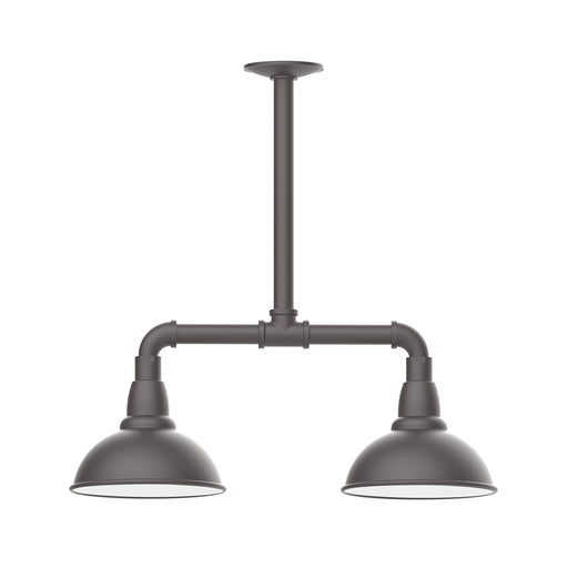 Bronze matte two-light stem-hung pendant light with curved arms and dome shades