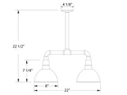 Two-light pendant dimensions diagram with 8 in shade width and 22 in height