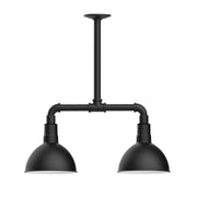 Two-light stem-hung pendant light with two black domed shades and straight canopy