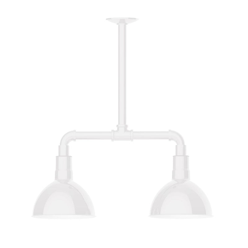 White two-light stem-hung pendant with two bowl-shaped shades