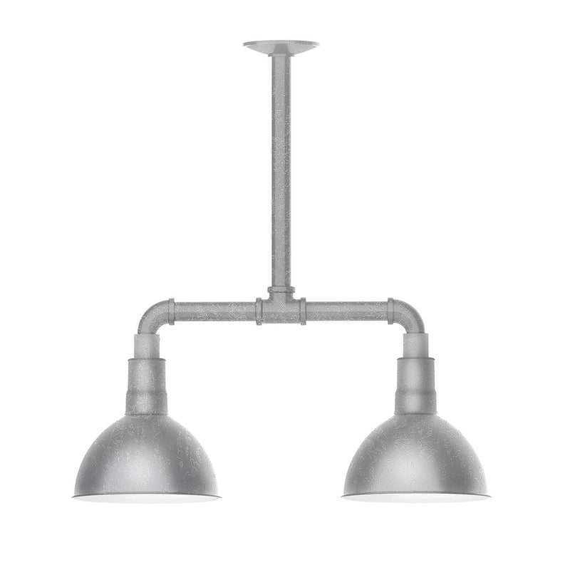 Two-light stem-hung pendant with two deep galvanized bowl shades, painted gray