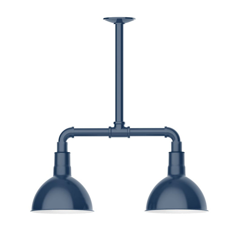 Two-light stem pendant with dark navy bowl shades and white diffusers