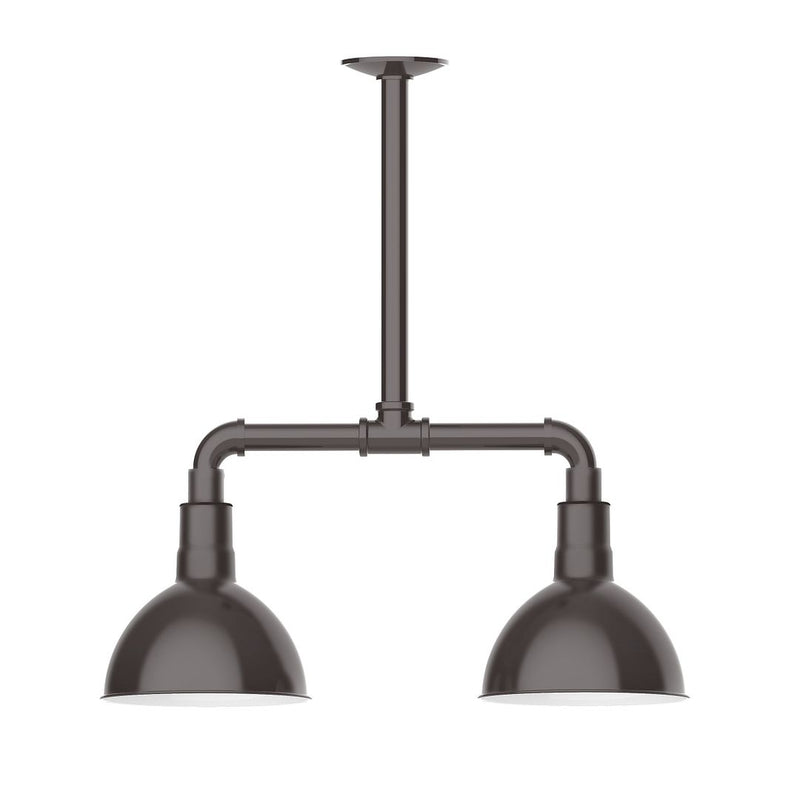 Two-light stem-hung pendant light with two dark bronze bell shades