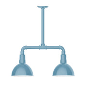 Light pendant with two light blue gooseneck shades on a stem